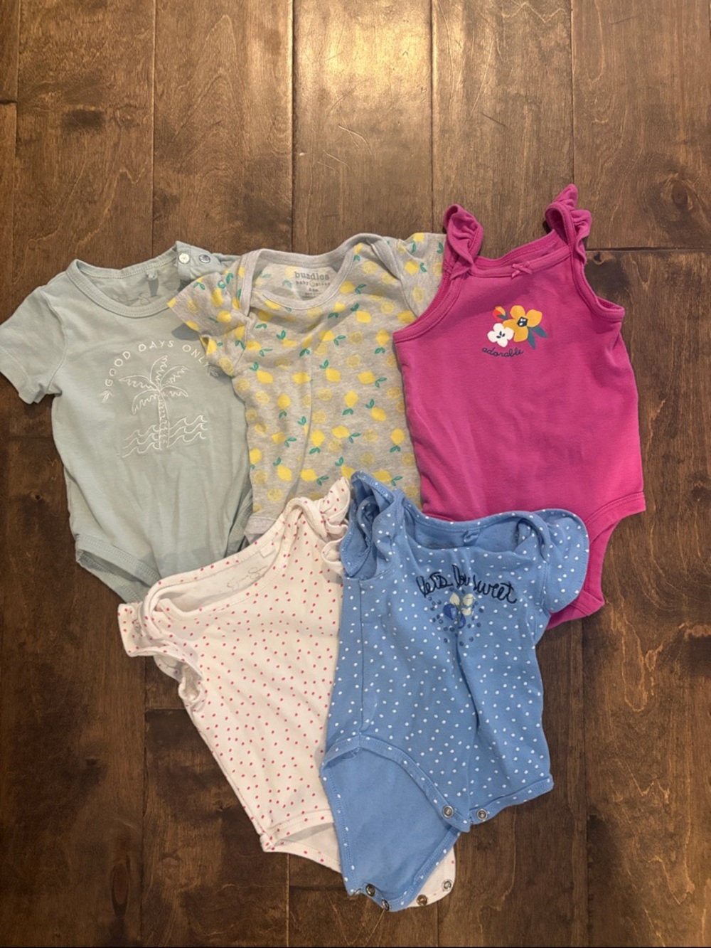 Bundle of 5 Mixed Baby Girls Onesie Set  6 Months - Pink, Blue, Green